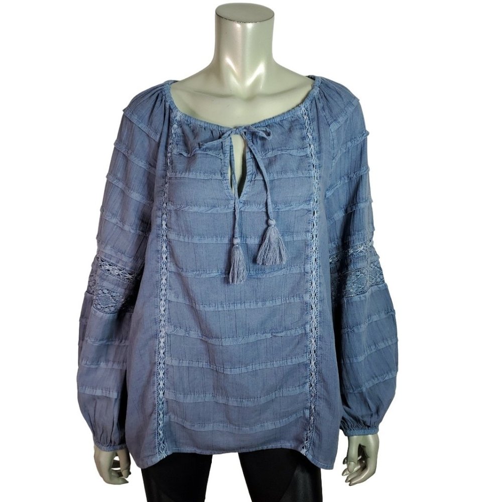 Sundance Peasant Top Size M Long‎ Sleeve V-Neck 100% Cotton Casual Tie Neck Blue